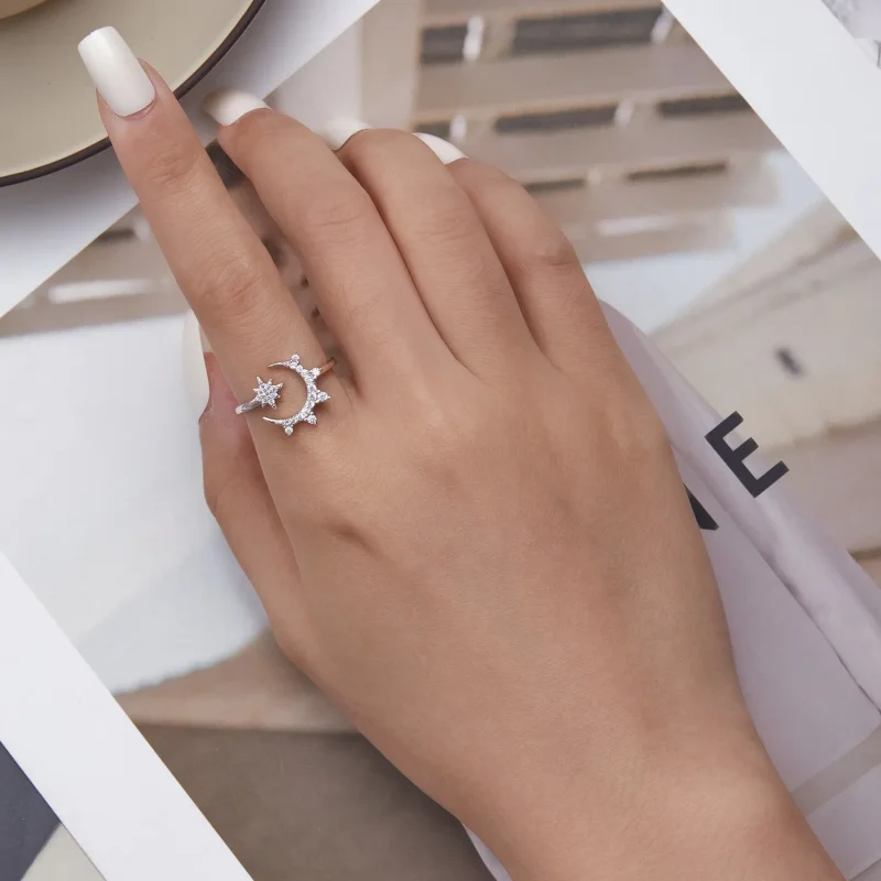 (slika za) Odprt prstan z luno in zvezdami v stilu Pandora - BSR300 - Ogled 5