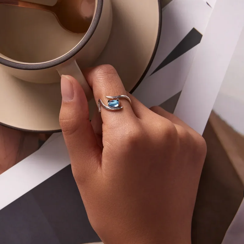 (slika za) Odprt prstan z mačko z mesečevim kamnom v slogu Pandora - SCR783 - Ogled 5