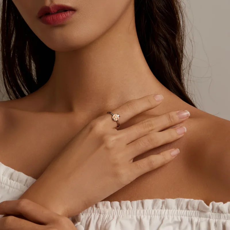 (slika za) Odprt prstan z oranžno pikapolonico v stilu Pandora - SCR774 - Ogled 5