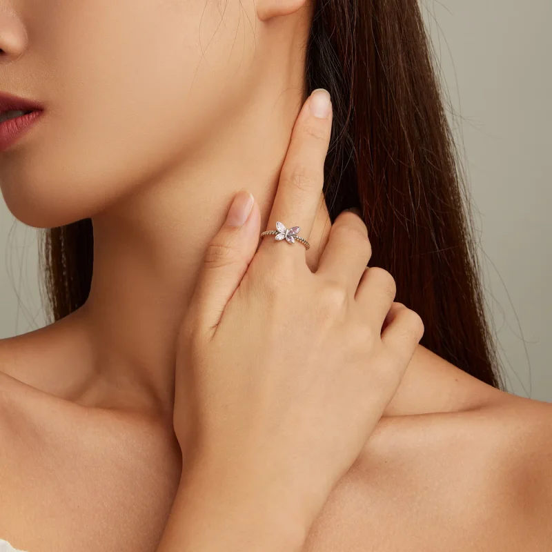 (slika za) Odprt prstan z rožnatim metuljem v slogu Pandora - SCR872 - Ogled 4