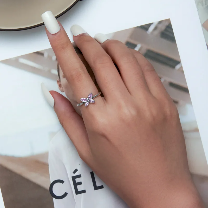 (slika za) Odprt prstan z rožnatim metuljem v slogu Pandora - SCR872 - Ogled 6