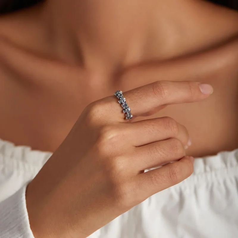 (slika za) Odprt prstan z rožnato lobanjo v stilu Pandora - BSR218 - Ogled 6