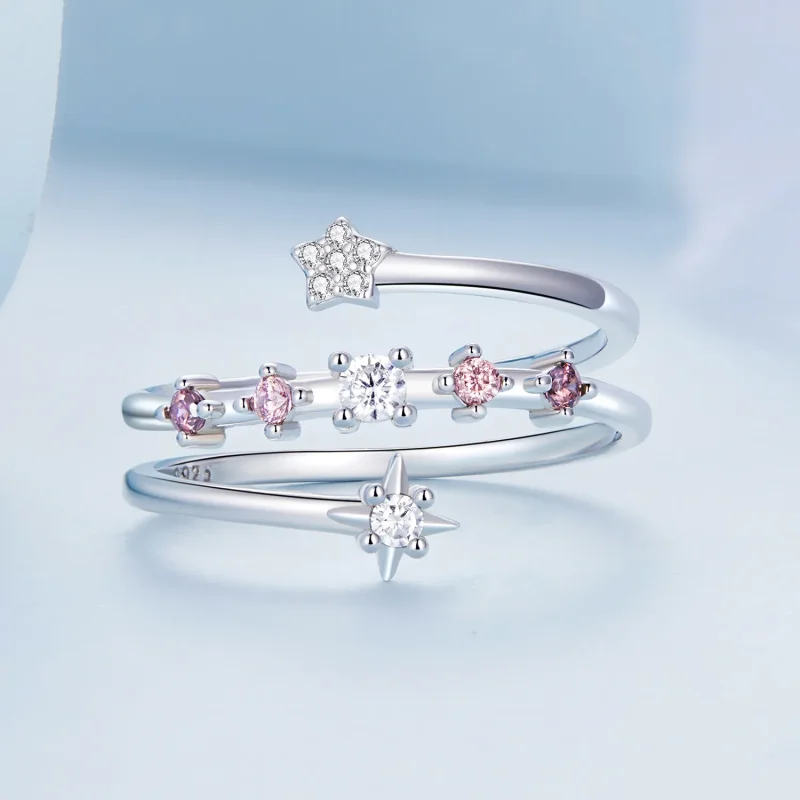 (slika za) Odprt prstan z večplastnimi zvezdami v stilu Pandora - BSR310 - Ogled 3
