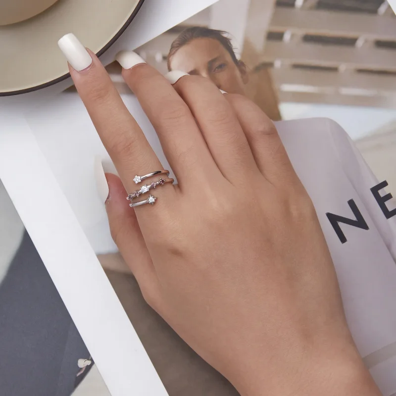 (slika za) Odprt prstan z večplastnimi zvezdami v stilu Pandora - BSR310 - Ogled 5