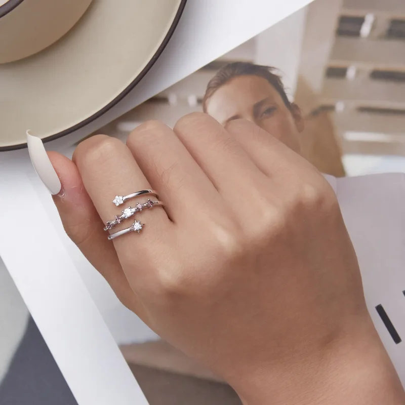 (slika za) Odprt prstan z večplastnimi zvezdami v stilu Pandora - BSR310 - Ogled 6