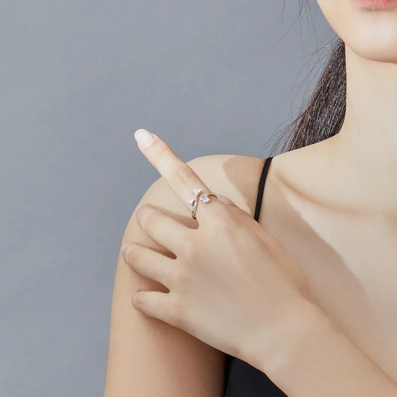 (slika za) Srebrni odprt prstan z ginkovimi listi v stilu Pandora - BSR097 - Ogled 5