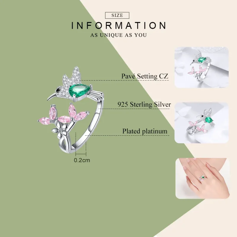 (slika za) Srebrno darilo Pandora v obliki odprtega prstana Hummingbird - BSR016 - Ogled 7