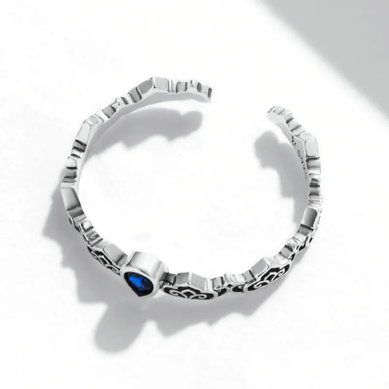 (slika za) Vintage vzorec v stilu Pandora – odprt prstan z modrim kamnom v obliki kapljice - Ogled 4