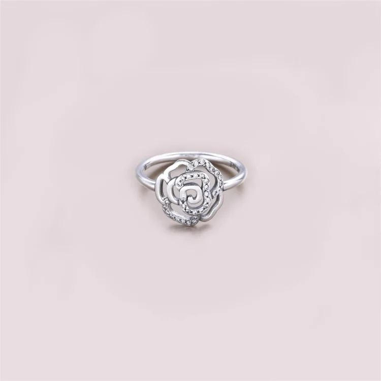 PANDORA Svetleč prstan z nežno vrtnico, prozoren Cz - 190949CZ