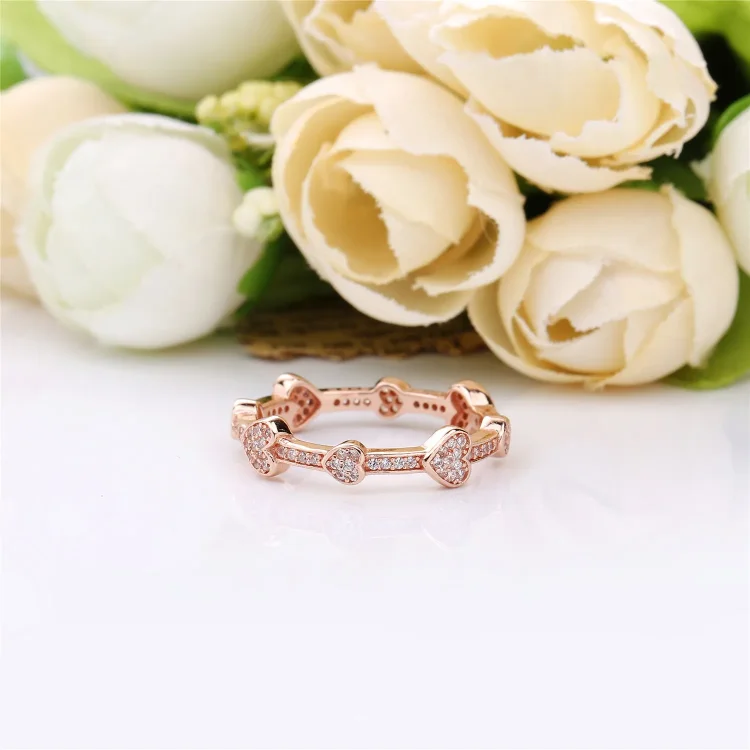 Privlačni prstan s srčki, PANDORA Rose™ & Clear CZ - 187729CZ