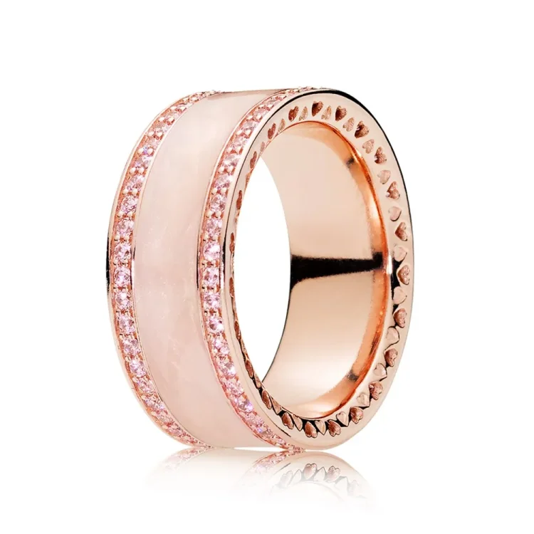 Prstan PANDORA Rose™ krem emajl prozoren CZ Hearts of PANDORA - 181024EN95
