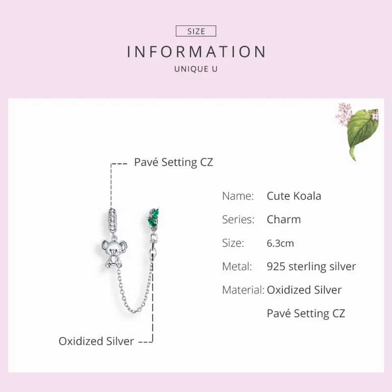 (slika za) Srebrna ljubka varovalna veriga koala v slogu Pandora - SCC1523 - Ogled 7