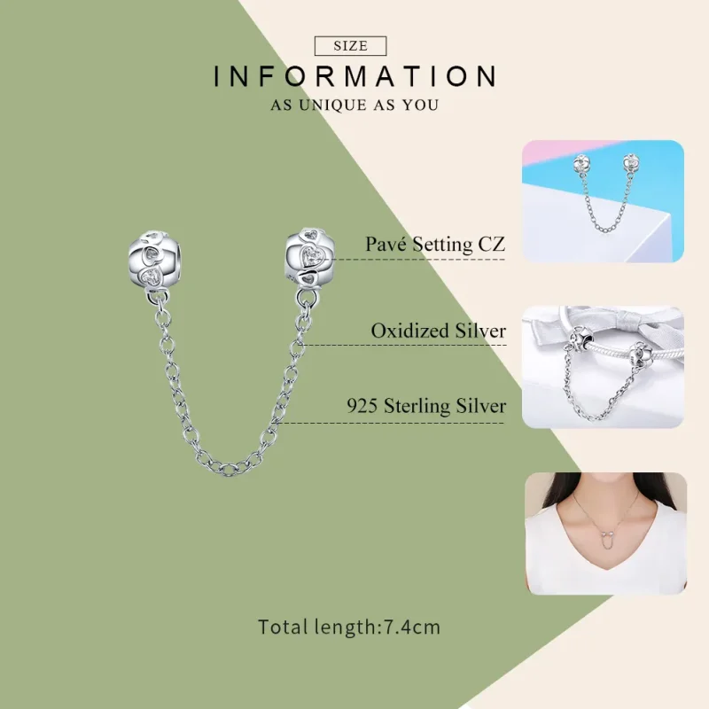 (slika za) Srebrna varnostna verižica s srčki v slogu Pandora - SCC736 - Ogled 7