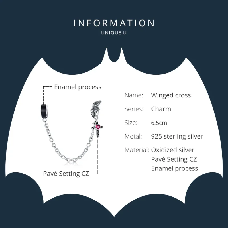 (slika za) Varnostna veriga s srebrnim krilatim križem v stilu Pandora - SCC1781 - Ogled 6
