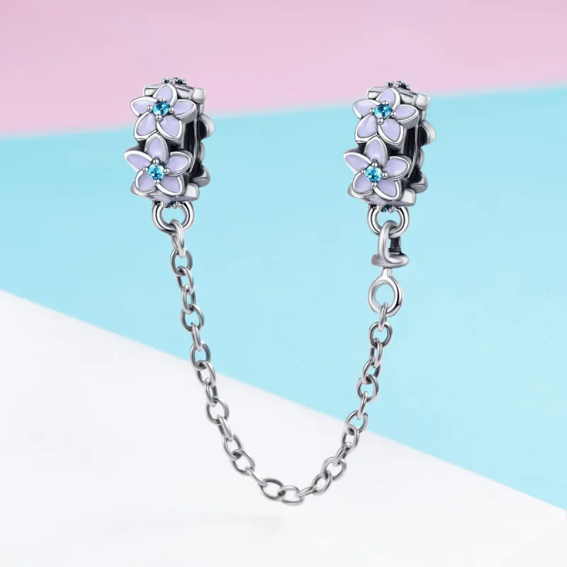 (slika za) Varnostna verižica s srebrno vijoličnimi rožami v stilu Pandora - SCC602 - Ogled 3
