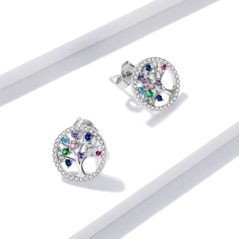 (slika za) Pisani uhani z žebljički v slogu Pandora Tree of Life - BSE497 - Ogled 2