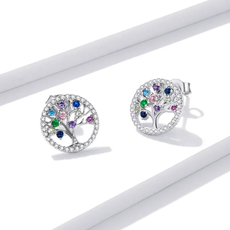 (slika za) Pisani uhani z žebljički v slogu Pandora Tree of Life - BSE497 - Ogled 3