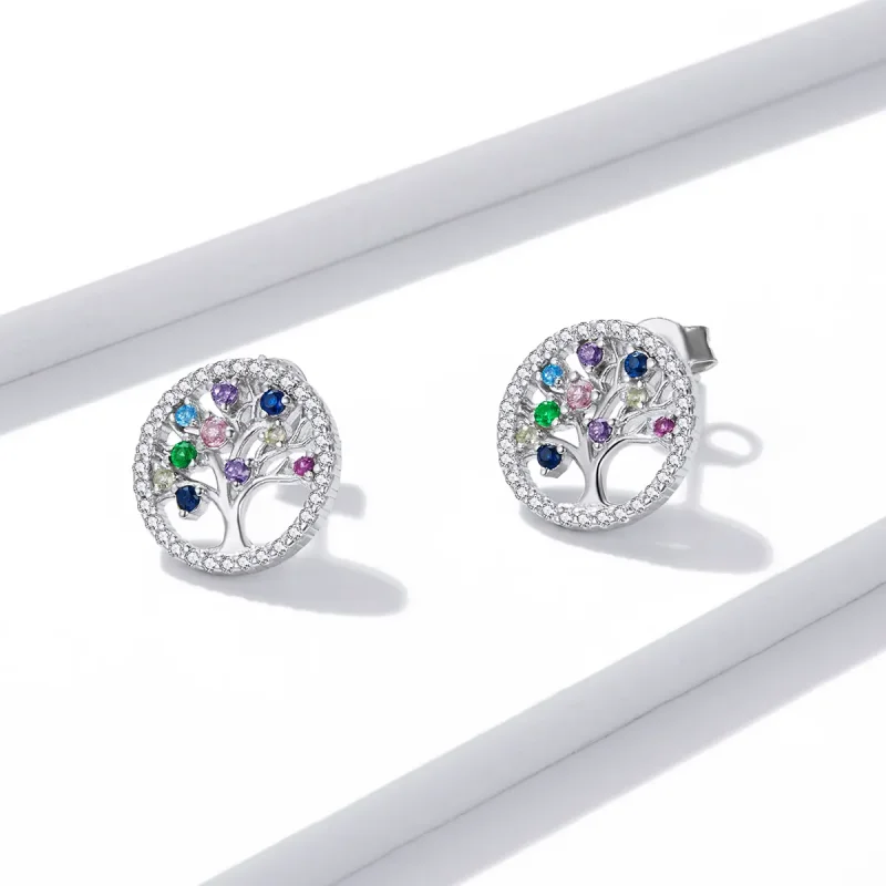 (slika za) Pisani uhani z žebljički v slogu Pandora Tree of Life - BSE497 - Ogled 4