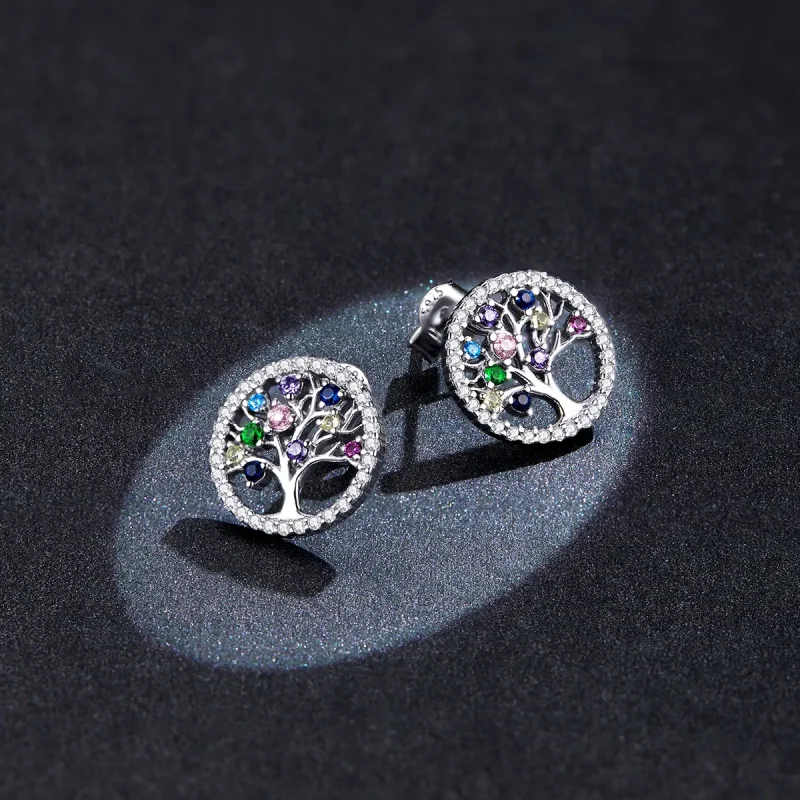 (slika za) Pisani uhani z žebljički v slogu Pandora Tree of Life - BSE497 - Ogled 5