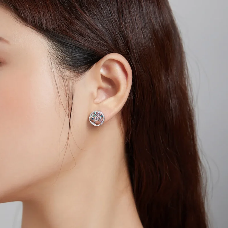 (slika za) Pisani uhani z žebljički v slogu Pandora Tree of Life - BSE497 - Ogled 6