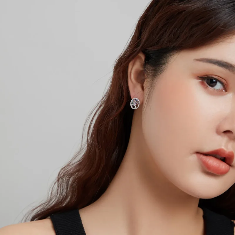 (slika za) Pisani uhani z žebljički v slogu Pandora Tree of Life - BSE497 - Ogled 8