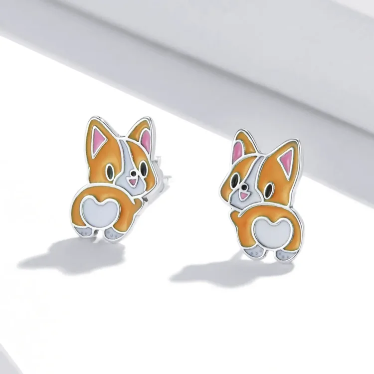 Prikupni uhani s čepki Corgi v slogu Pandora - SCE1281