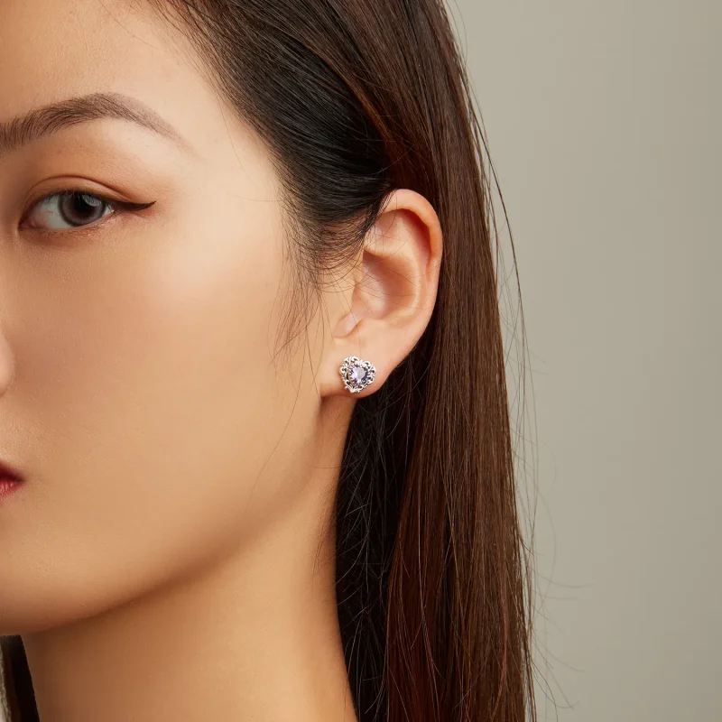 (slika za) Vijolični cirkonski uhani v obliki srca Pandora Style - BSE695 - Ogled 5