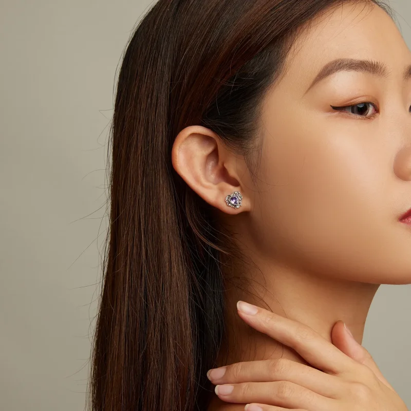 (slika za) Vijolični cirkonski uhani v obliki srca Pandora Style - BSE695 - Ogled 7