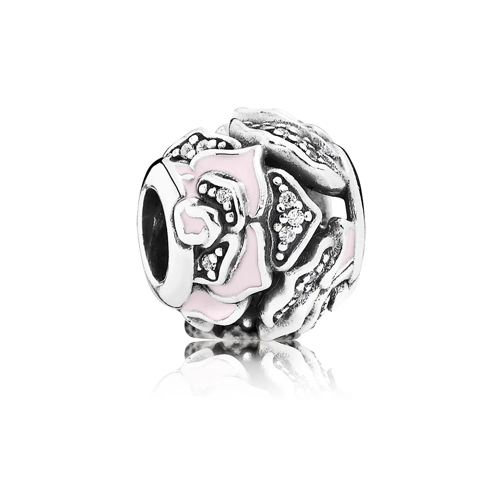 pandora srebrni obesek rose s kubičnim cirkonijem in nežno roza enamom 791527en40
